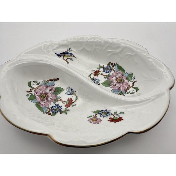 Vintage Aynsley Pembroke Divided Dish Fine Bone China England Bird Floral Tray - Picture 1 of 5